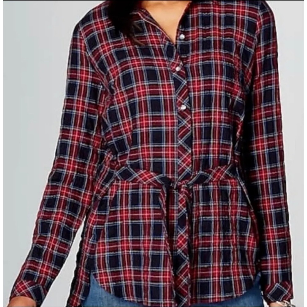 J Jill Womens Sz S Red Plaid Tie Front High Low Tunic Shirt Button Up Christmas